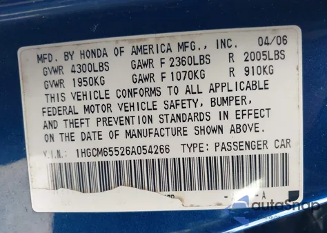 2006 Honda Accord Ex из США, поврежденный, VIN 1HGCM65526A054266